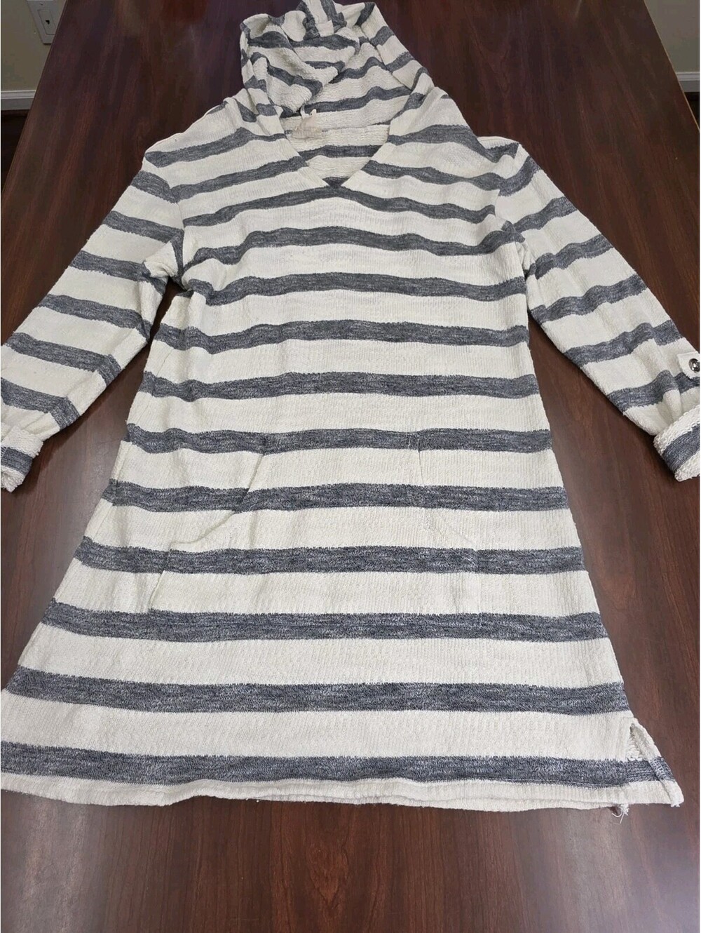 Akemi & Kin Striped Cowl Neck Button Shoulder Knit Tunic Top M Boho Cozy Lounge